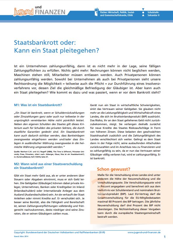 Arbeitsblatt "Staatsbankrott oder: Kann ein Staat pleitegehen?"