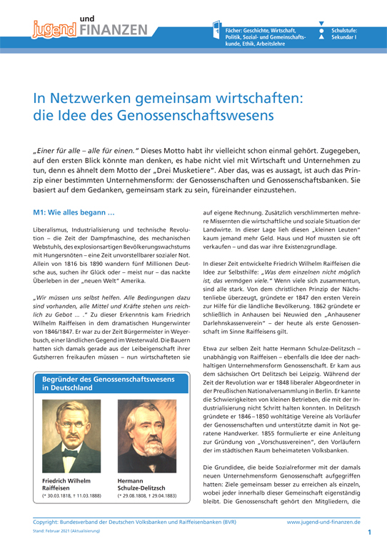 Arbeitsblatt "In Netzwerken gemeinsam wirtschaften: die Idee des Genossenschaftswesens"