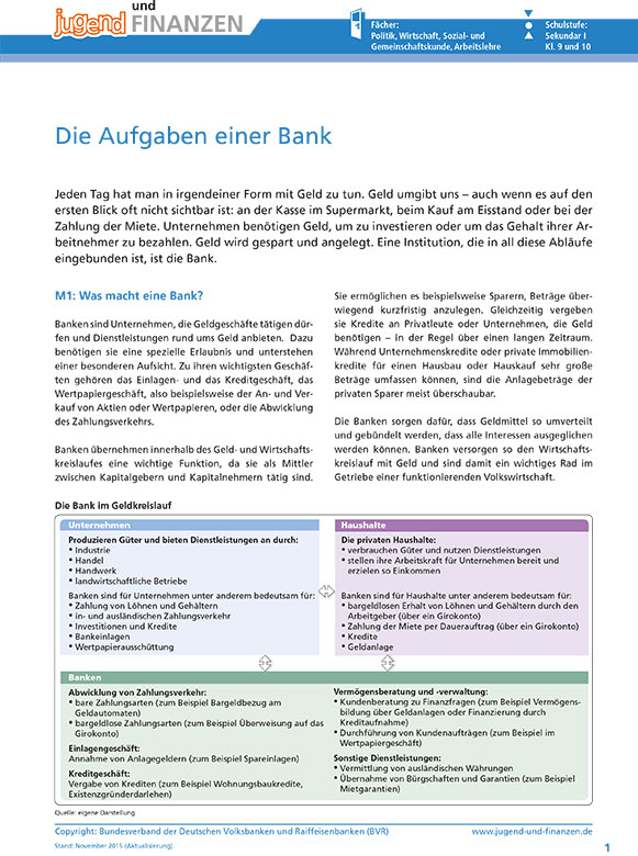 Arbeitsblatt "Die Aufgaben einer Bank"