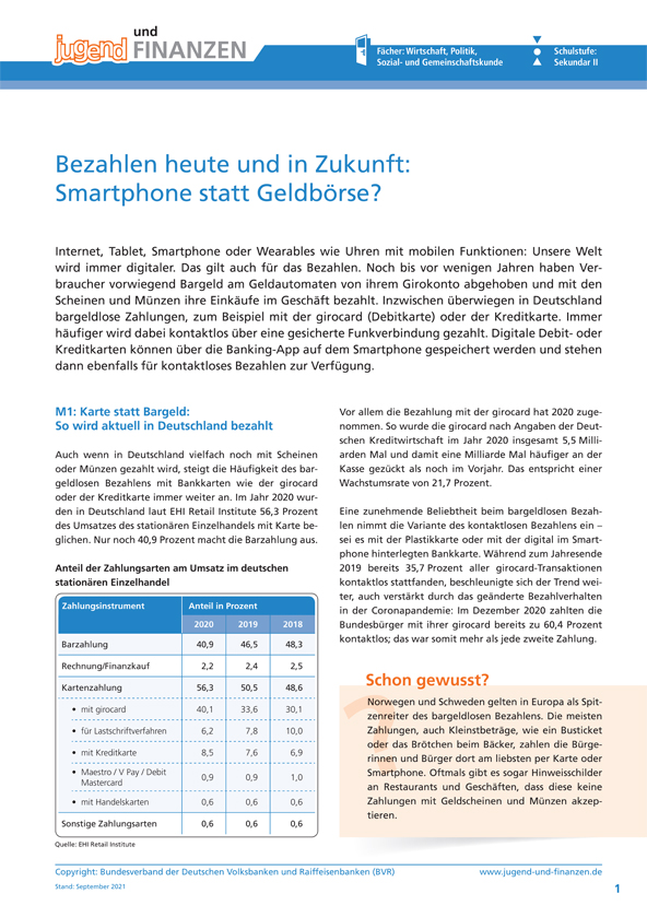 Arbeitsblatt "Bezahlen heute und in Zukunft: Smartphone statt Geldbörse?"