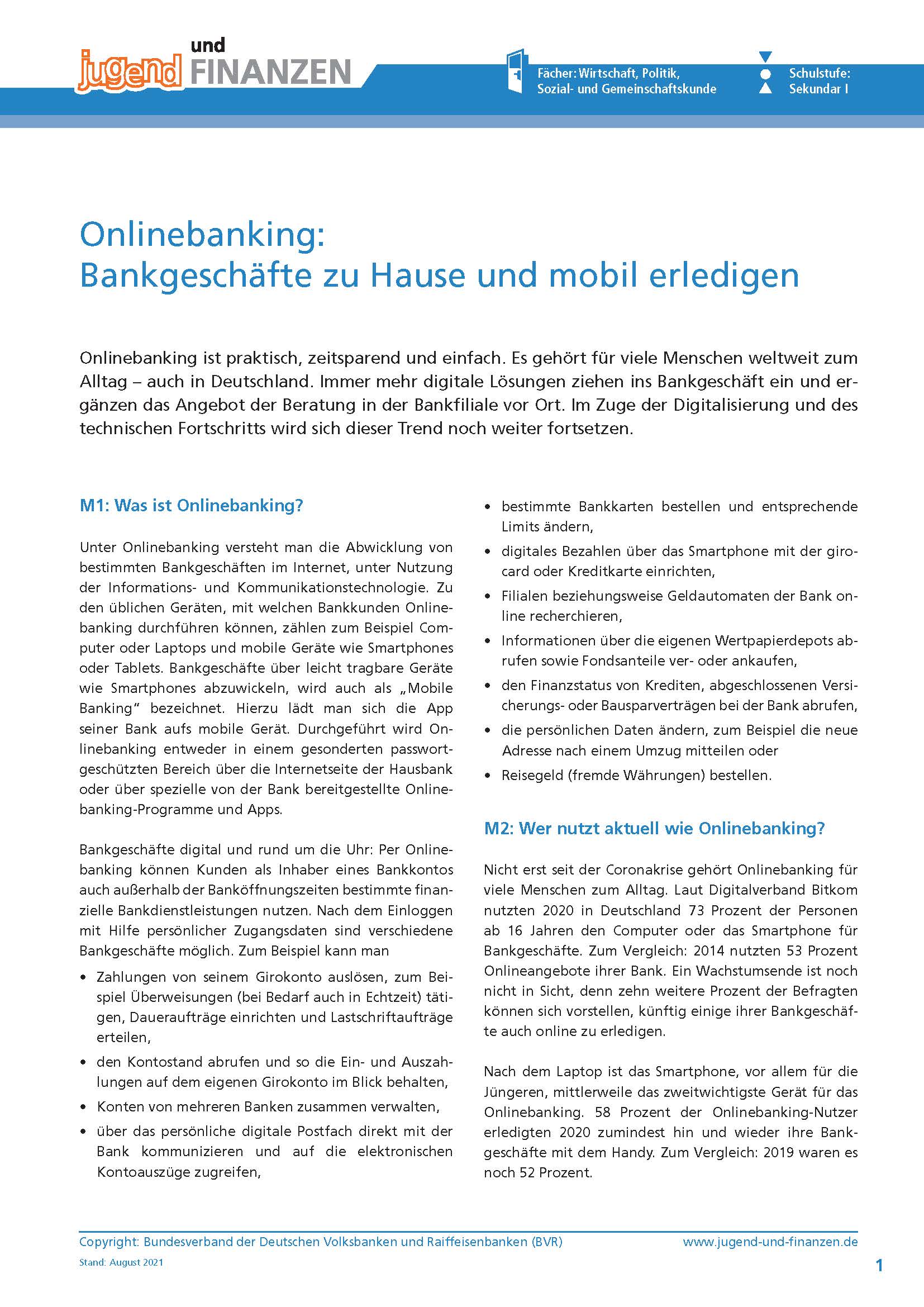 Arbeitsblatt "Onlinebanking: Bankgeschäfte zu Hause und mobil erledigen"