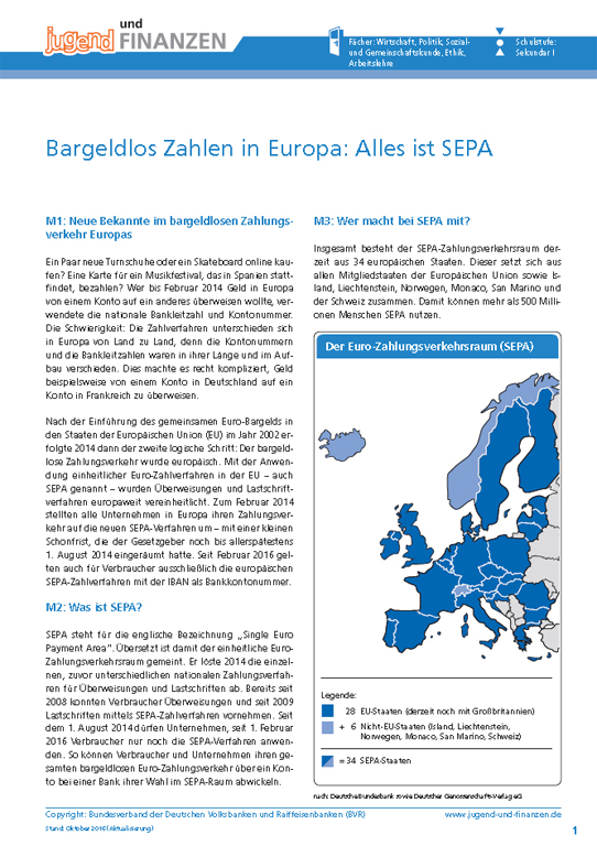 Arbeitsblatt "Bargeldlos Zahlen in Europa: Alles ist SEPA"