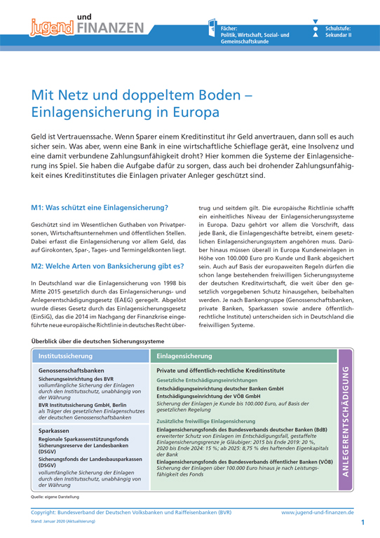 Arbeitsblatt "Mit Netz und doppeltem Boden – Einlagensicherung in Deutschland"