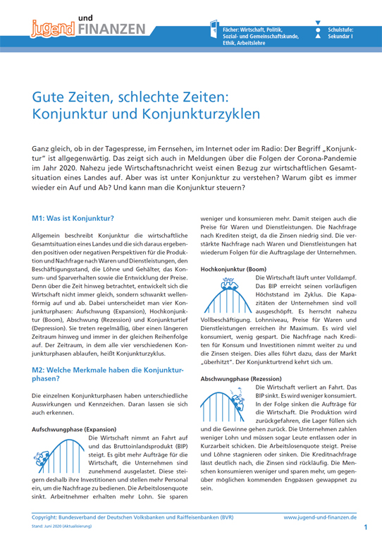 Arbeitsblatt "Gute Zeiten, schlechte Zeiten: Konjunktur und Konjunkturzyklen"