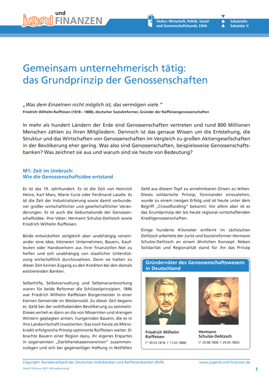 Arbeitsblatt "Gemeinsam unternehmerisch tätig – das Grundprinzip der Genossenschaften"