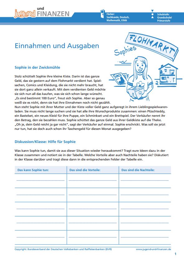 Arbeitsblatt "Einnahmen und Ausgaben - Sophie in der Zwickmühle"