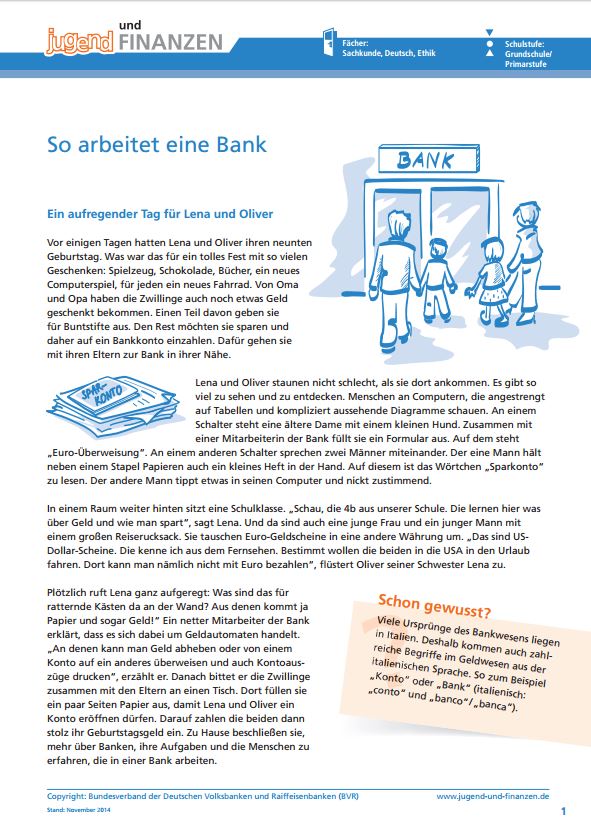 Arbeitsblatt "So arbeitet eine Bank - Ein aufregender Tag für Lena und Oliver"