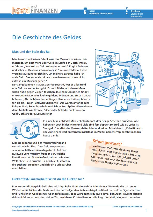 Arbeitsblatt "Die Geschichte des Geldes – Max und der Stein des Rai "